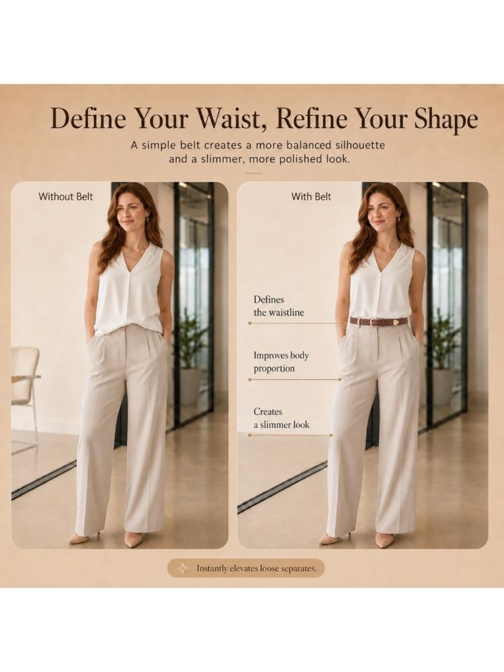 Women Tan Leather Dress Belt For Pants Jeans Fashion With Classic Gold Buckle - Picture 3 of 6